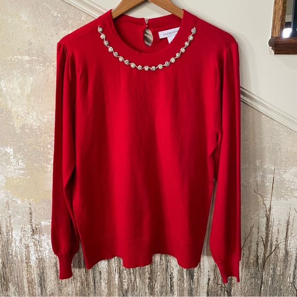 Liz Claiborne Sweaters - Liz Claiborne•Diamond Rhinestones & Pearls•Neckline Red Sweater•Large